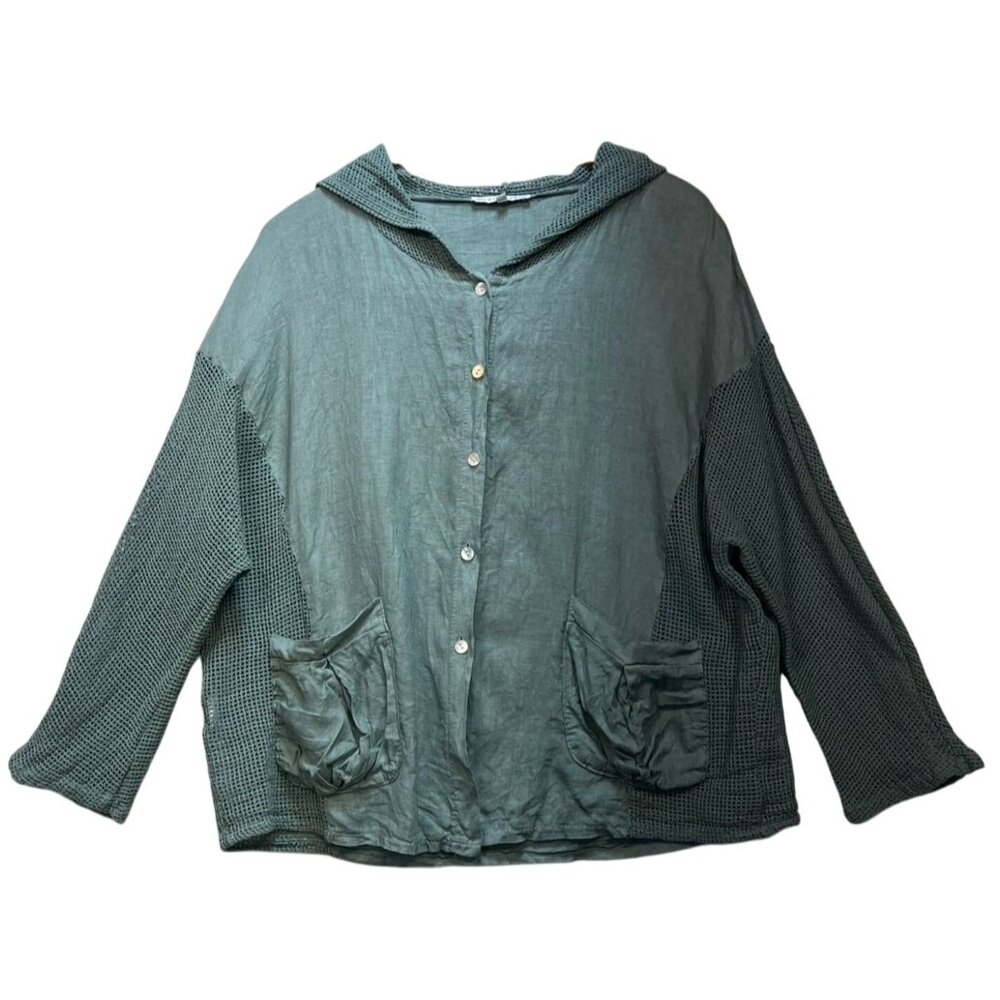 Tempo Paris Womens Linen Hooded Jacket Long Sleeve Sz L Greyish Greenish Crochet